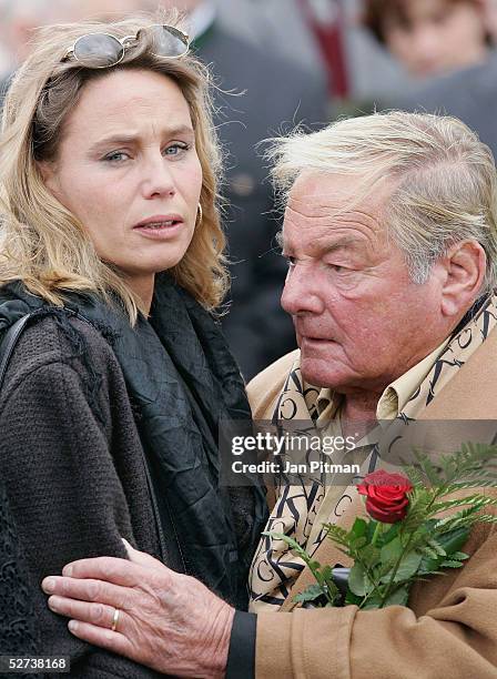 Maria Schell's brother Carl Schell, and her daughter Marie Theres Kroetz-Relin attend the funeral of actress Maria Schell at the Nikolaus church on...