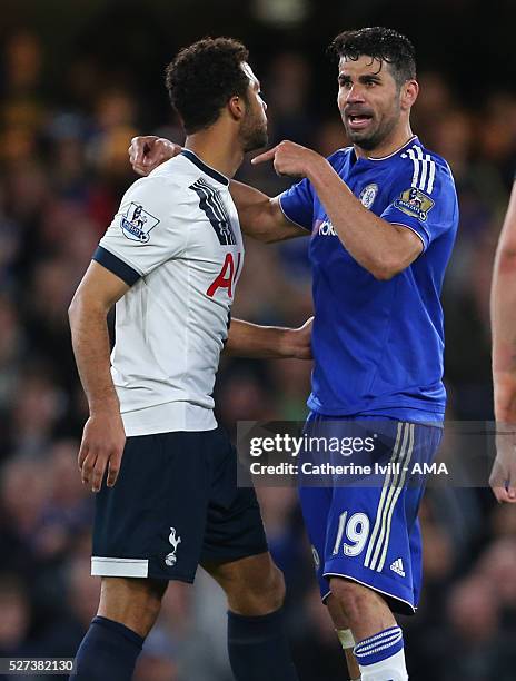 Diego Costa of Chelsea points at Mousa Dembele of Tottenham Hotspur during the Barclays Premier League match between Chelsea and Tottenham Hotspur at...