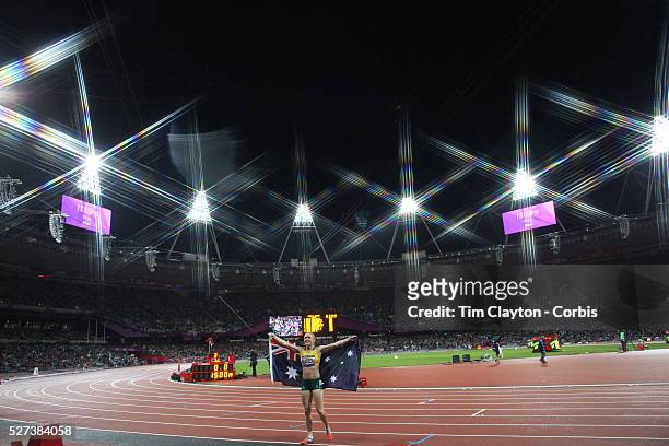 Sally Pearson, Australia, winning the Gold Medal in the Women's 100m Hurdles Final at the Olympic Stadium, Olympic Park, during the London 2012...