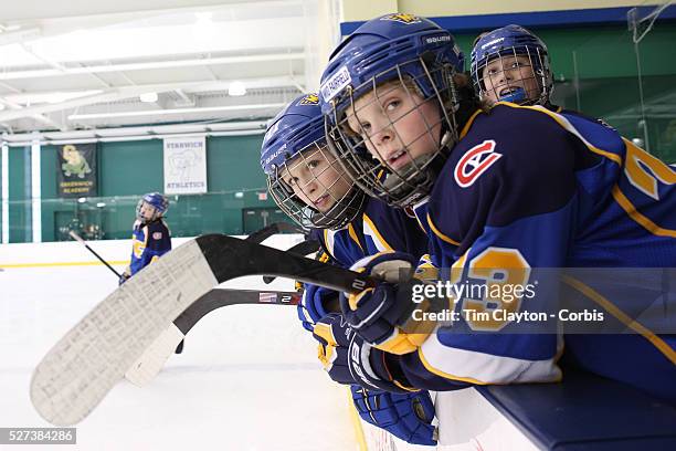 Wyatt Pastor, front, and team mates watch the action from the bench during the Mid Fairfield Yankees Pee Wee Major Ice Hockey team against the...