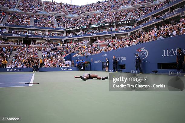 Serena Williams, USA, celebrates her win against Caroline Wozniacki, Denmark, in the Women's Singles Final during the US Open Tennis Tournament,...