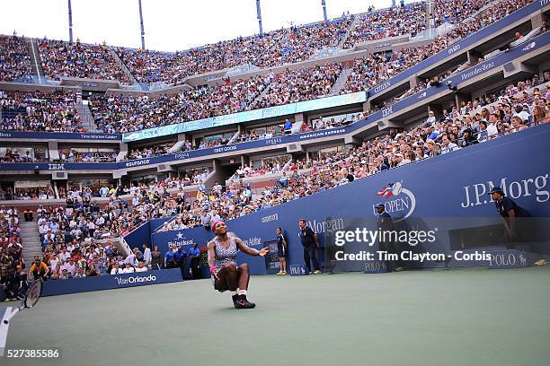 Serena Williams, USA, celebrates her win against Caroline Wozniacki, Denmark, in the Women's Singles Final during the US Open Tennis Tournament,...