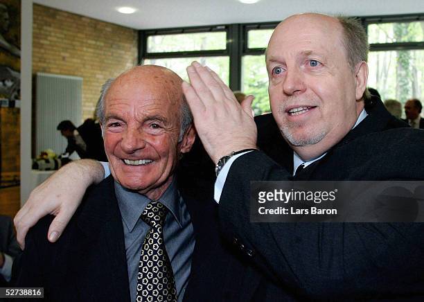 Dettmar Cramer and Reiner Calmund pose during the 50th annual Football Teacher Seminar at the German Academy of Sport on April 27, 2005 in Cologne,...