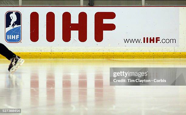 The International Ice Hockey Federation logo reflected on the ice during the New Zealand V Bulgaria 2012 IIHF Ice Hockey World Championships Division...