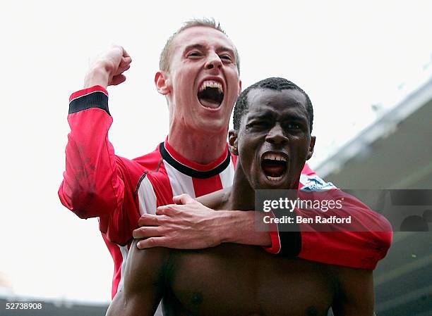 Henri Camara of Southampton celebrates with Peter Crouch after scoring during the Barclays Premiership match between Southampton and Norwich at The...