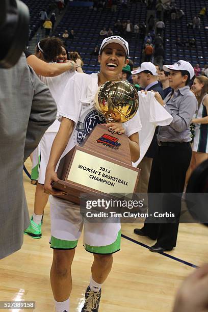 Skylar Diggins, Notre Dame, with the trophy after the Connecticut V Notre Dame Final match won by Notre Dame 61-59 during the Big East Conference,...