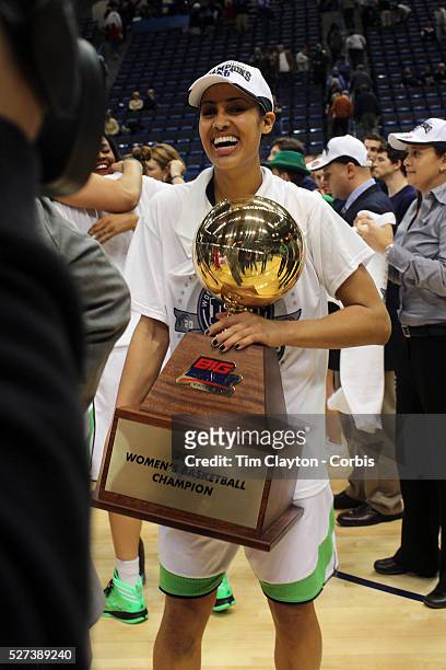 Skylar Diggins, Notre Dame, with the trophy after the Connecticut V Notre Dame Final match won by Notre Dame 61-59 during the Big East Conference,...