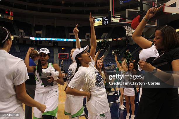 Skylar Diggins, Notre Dame, dances with team mates after the Connecticut V Notre Dame Final match won by Notre Dame 61-59 during the Big East...