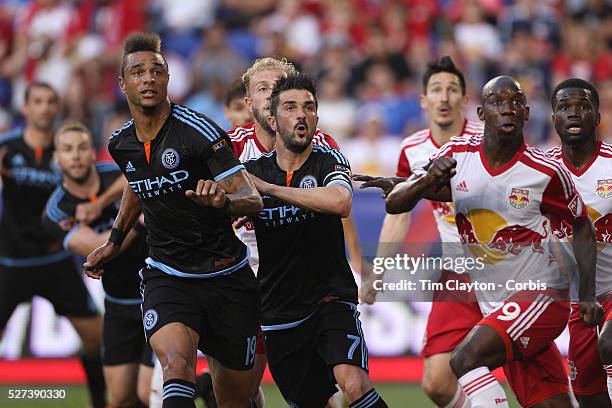 Khiry Shelton, , David Villa, , NYCFC, and Bradley Wright-Phillips, New York Red Bulls, in action during the New York Red Bulls Vs NYCFC, MLS regular...