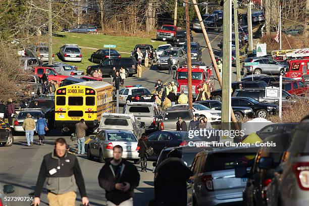 The chaotic scene outside the fire station in Sandy Hook after today's shootings at Sandy Hook Elementary School, Newtown, Connecticut, USA. 14th...