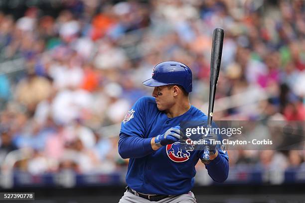 Anthony Rizzo, Chicago Cubs, ducks to avoid a pitch from Alex Torres, New York Mets, during the New York Mets Vs Chicago Cubs MLB regular season...