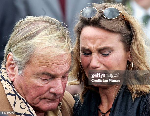 Maria Schell's brother Carl Schell, left, and her daughter Marie Theres Kroetz-Relin, right, attend the funeral of actress Maria Schell at the...