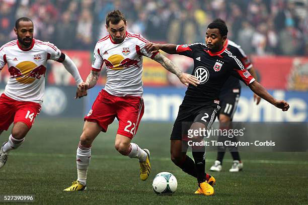 James Riley, D.C. United, is challenged by Jonathan Steele, New York Red Bulls, during the New York Red Bulls V D.C. United, Major League Soccer...