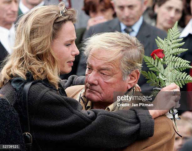 Maria Schell's brother Carl Schell, right, and her daughter Marie Theres Kroetz-Relin, left, attend the funeral of actress Maria Schell at the...