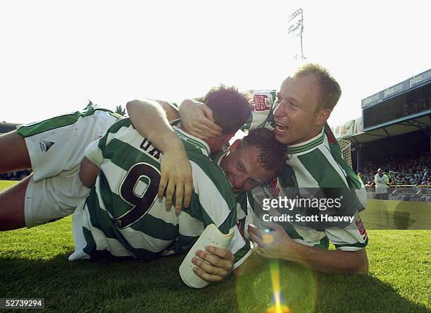 Yeovil's Paul Terry celebrates victory with Kevin Gall and Phil Jevons during the Coca Cola Championship Division Two match between Southend United...
