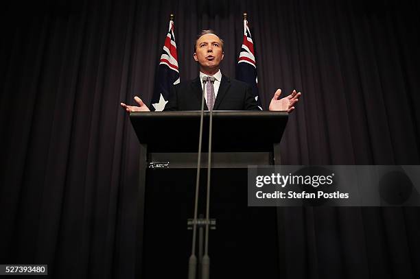 Immigration Minister Peter Dutton speaks to the media at Parliament House on May 3, 2016 in Canberra, Australia. Hodan Yasin, a 21-year-old Somali...