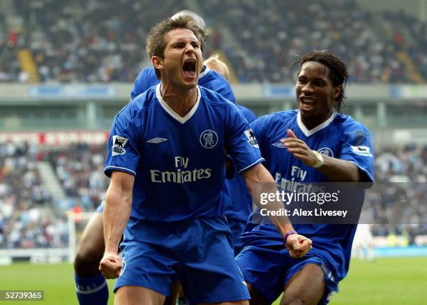 Frank Lampard of Chelsea celebrates scoring the first goal during the Barclays Premiership match between Bolton Wanderers and Chelsea at the Reebok...