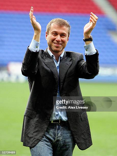 Chelsea Chairman, Roman Abramovich celebrates winning the Premiership after victory over Bolton Wanderers in the Barclays Premiership match between...