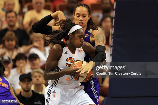 Brittney Griner, Phoenix Mercury, in action against Tina Charles, Connecticut Sun, during the Connecticut Sun V Phoenix Mercury, WNBA regular season...