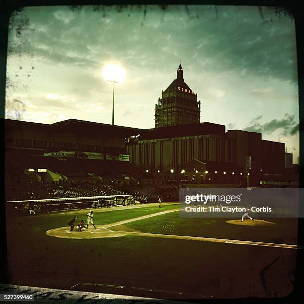 An Hipstamatic photograph taken with an iPhone of Frontier Field showing the Kodak building in the background during the Rochester Red Wings V The...