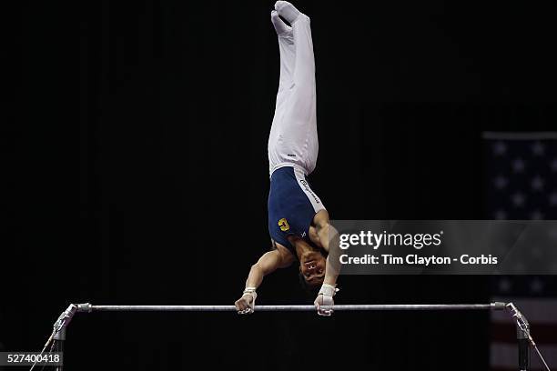 Donothan Bailey, Berkeley, California, in action on the Horizontal bar during the Senior Men Competition at The 2013 P&G Gymnastics Championships,...