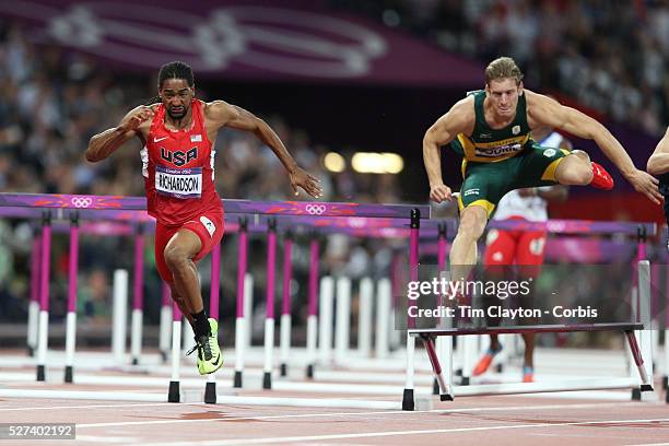 Jason Richardson, USA, wins the Silver Medal in the Men's 110m Hurdles Final at the Olympic Stadium, Olympic Park, during the London 2012 Olympic...