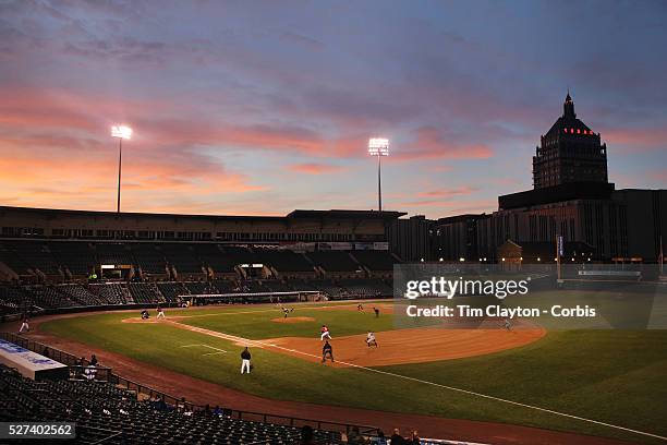 Panoramic view of Frontier Field at sunset showing the Kodak building in the background during the Rochester Red Wings V The Scranton/Wilkes-Barre...