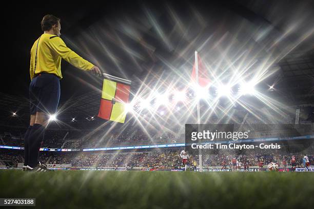 The linesman signals for a corner at Red Bull Arena during the New York Red Bulls Vs Chicago Fire, Major League Soccer regular season match won 5-4...