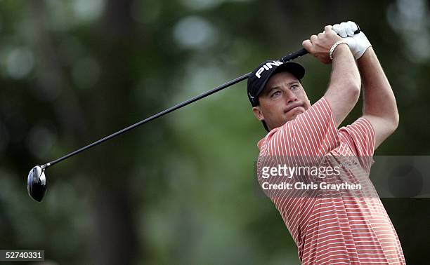 Chris DiMarco tees off from the 7th hole during the third round of golf at the Zurich Classic of New Orleans April 30, 2005 in Avondale, Louisiana....