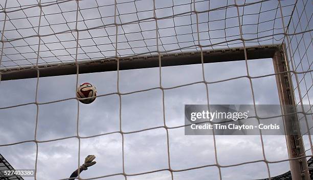 Generic image of a professional soccer goal mouth showing the netting and goal mouth white line. Photo Tim Clayton