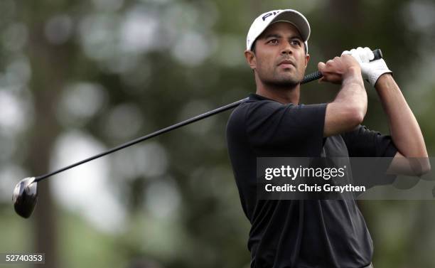 Arjun Atwal tees off from the 7th hole during the third round of golf at the Zurich Classic of New Orleans April 30, 2005 in Avondale, Louisiana....
