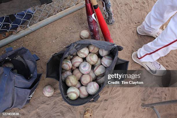 Bag of baseballs during the High School Baseball ball game between Trumbull Golden Eagles and McMahon Senators at Brien McMahon High School. Norwalk,...