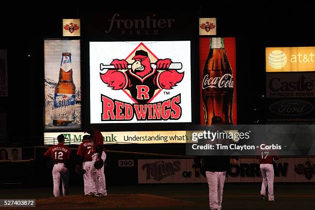 Advertising in the outfield during the Rochester Red Wings V The Scranton/Wilkes-Barre RailRiders, Minor League ball game at Frontier Field,...