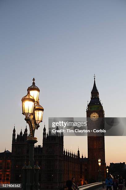 Sunset behind Big Ben and the Houses of parliament. Big Ben is to chime non-stop for three minutes to help ring in the London 2012 Olympics. Special...