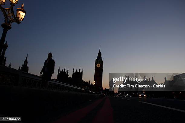 Sunset behind Big Ben and the Houses of parliament. Big Ben is to chime non-stop for three minutes to help ring in the London 2012 Olympics. Special...