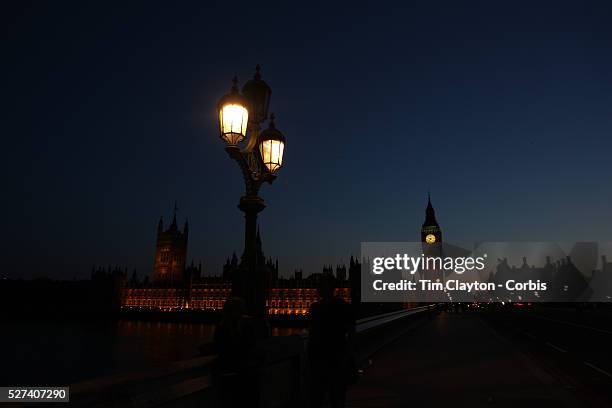 Sunset behind Big Ben and the Houses of parliament. Big Ben is to chime non-stop for three minutes to help ring in the London 2012 Olympics. Special...