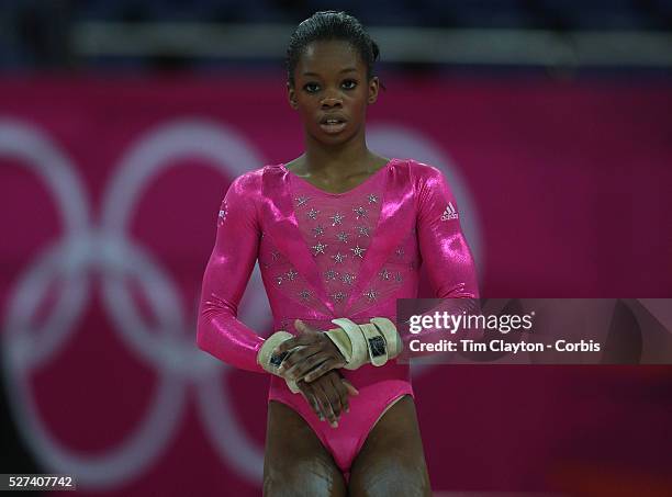 Gabrielle Douglas, USA, in action on the floor during the Women's Artistic Gymnastics podium training at North Greenwich Arena during the London 2012...