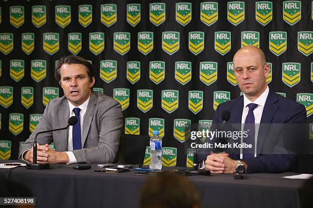 Head of Integrity Nick Weeks speaks to the media as NRL CEO Todd Greenberg watches on during an NRL press conference at NRL Headquarters on May 3,...