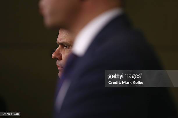 Head of Integrity Nick Weeks watches on as NRL CEO Todd Greenberg speaks to the media during an NRL press conference at NRL Headquarters on May 3,...