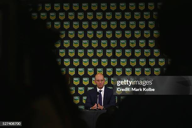 Todd Greenberg speaks to the media during an NRL press conference at NRL Headquarters on May 3, 2016 in Sydney, Australia. The NRL announced today...