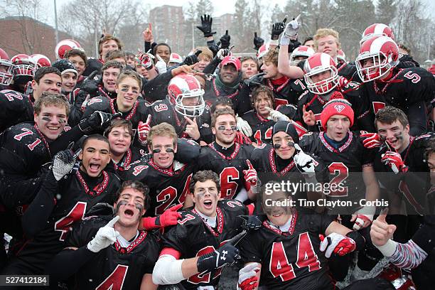 New Canaan Rams players celebrate victory after the New Canaan Rams Vs Darien Blue Wave, CIAC Football Championship Class L Final at Boyle Stadium,...