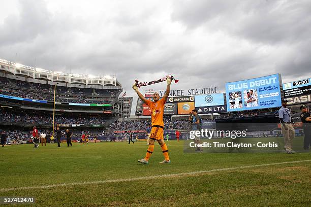 Goalkeeper Luis Robles, New York Red Bulls, celebrates his sides victory during the New York City FC Vs New York Red Bulls, MSL regular season...