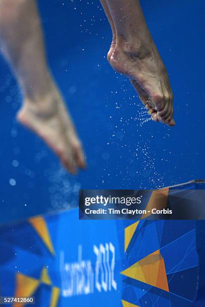 Nora Subschinski and Christin Steuer from Germany, practicing for the Women's Synchronised 10m Platform event at the Diving Pool at the Aquatic...