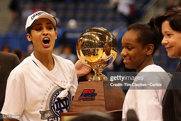 Skylar Diggins, Notre Dame, and Jewell Loyd, Notre Dame, with the trophy after the Connecticut V Notre Dame Final match won by Notre Dame during the...