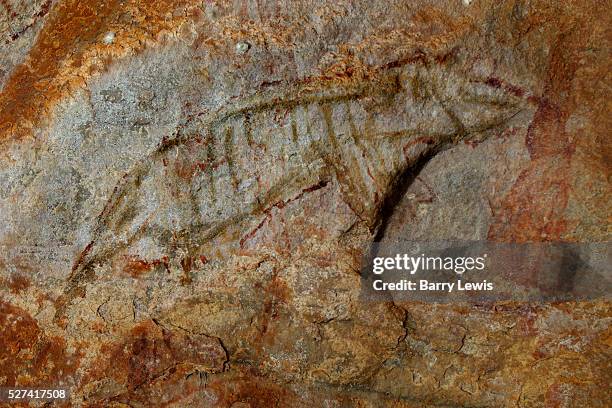 Rock drawing of a Tasmanian tiger, now extinct. The remote area of Faraway Bay in the northernmost part of Western Australia, contains a barely known...
