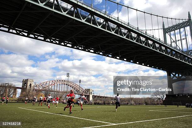 Action during the Binghamton Devils V West Pontomac rugby match during the Four Leaf 15's Club Rugby Tournament at Randall's Island New York. The...