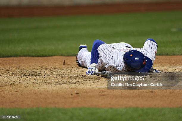 Travis d'Arnaud, New York Mets, after avoiding a pitch during the New York Mets Vs Philadelphia Phillies MLB regular season baseball game at Citi...