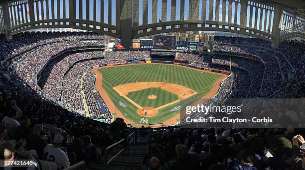 Panoramic view of a full Yankee Stadium during the New York Yankees Vs Toronto Blue Jays season opening day at Yankee Stadium, The Bronx, New York....