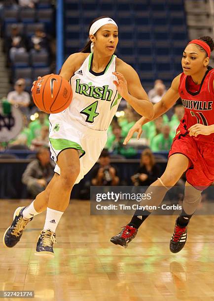 Skylar Diggins, Notre Dame, in action against Bria Smith, during the Notre Dame Fighting Irish V Louisville Cardinals Semi Final match during the Big...