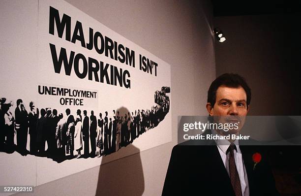 Young Rt. Hon. Tony Blair MP helps launch a 1992 General Election campaign referring to Prime Minister John Major' failing policies, at Millbank, the...